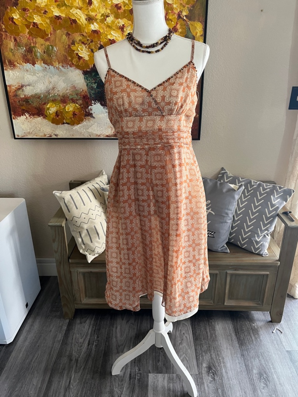 Nicole Miller Rust Paisley-Print Spaghetti-Strap Midi Dress